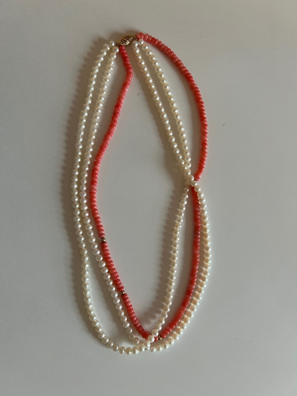 14K Gold Genuine Orange Coral & Freshwater Pearl Multi-Strand Necklace